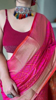 Pink woven self design embellished pure silk patola saree with blouse 3