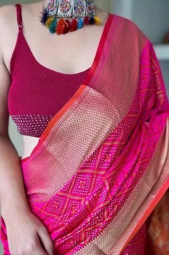 Pink woven self design embellished pure silk patola saree with blouse