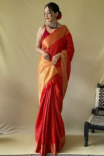Red woven self design embellished pure silk patola saree with blouse