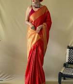 Red woven self design embellished pure silk patola saree with blouse