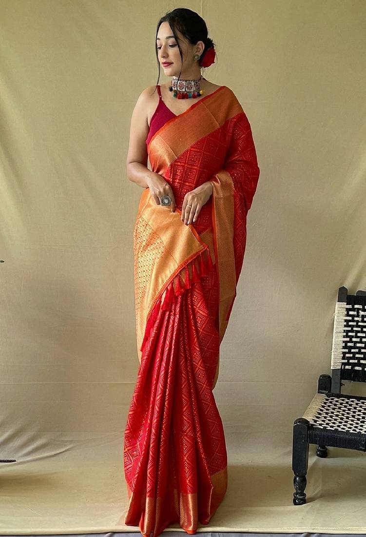 Red woven self design embellished pure silk patola saree with blouse