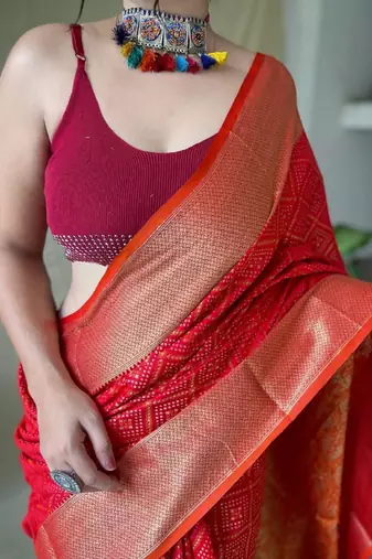 Red woven self design embellished pure silk patola saree with blouse