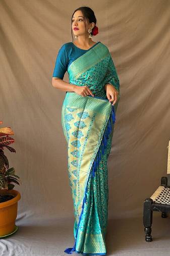 Aqua blue woven self design embellished pure silk banarasi saree with blouse
