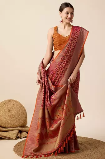 Dark pink woven self design embellished pure silk banarasi saree with blouse
