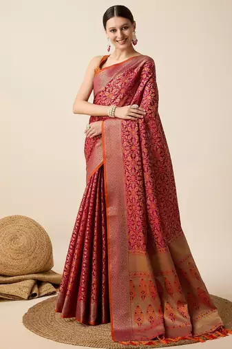 Dark pink woven self design embellished pure silk banarasi saree with blouse