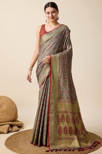 Grey woven self design embellished pure silk banarasi saree with blouse
