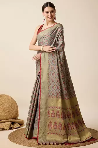 Grey woven self design embellished pure silk banarasi saree with blouse