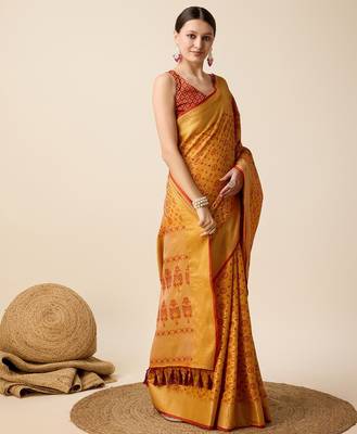 Mustard woven self design embellished silk blend banarasi saree with blouse 2