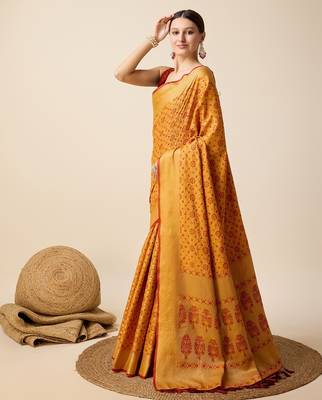 Mustard woven self design embellished silk blend banarasi saree with blouse 3