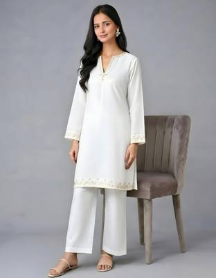 White embroidered rayon kurta set 3