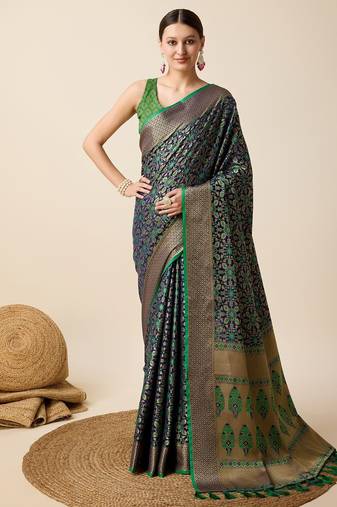 Navy blue woven self design embellished pure silk banarasi saree with blouse