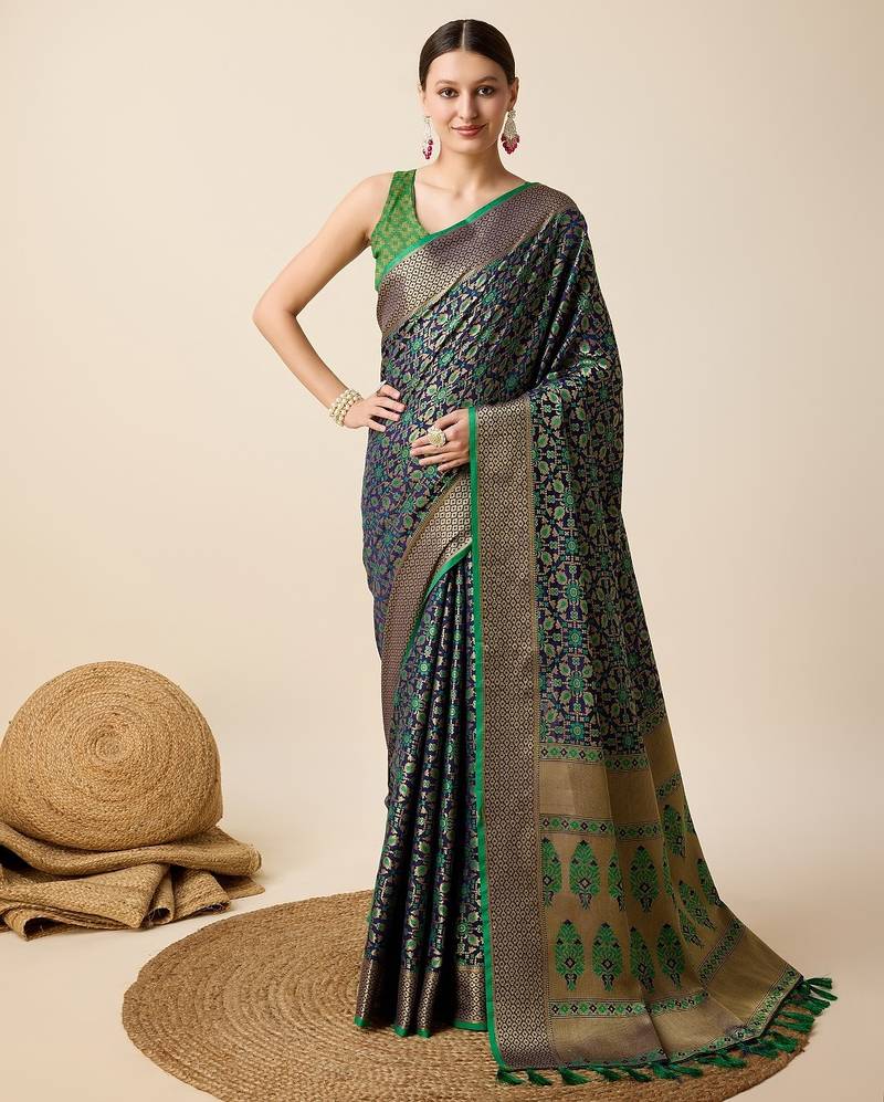 Navy blue woven self design embellished pure silk banarasi saree with blouse