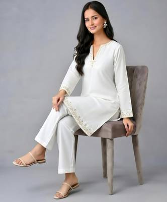 White embroidered rayon kurta set 4