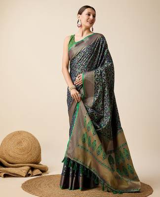 Navy blue woven self design embellished silk blend banarasi saree with blouse 2