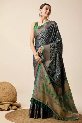 Navy blue woven self design embellished pure silk banarasi saree with blouse