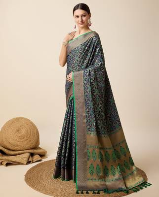 Navy blue woven self design embellished silk blend banarasi saree with blouse 3