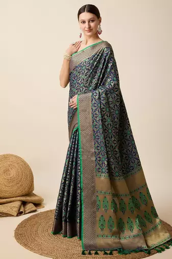 Navy blue woven self design embellished pure silk banarasi saree with blouse