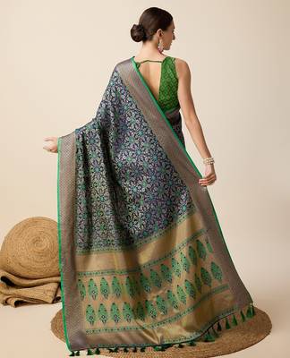 Navy blue woven self design embellished silk blend banarasi saree with blouse 4