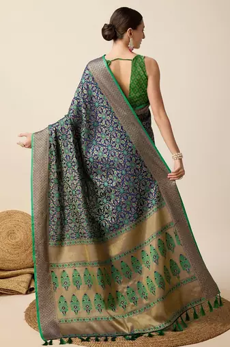 Navy blue woven self design embellished pure silk banarasi saree with blouse