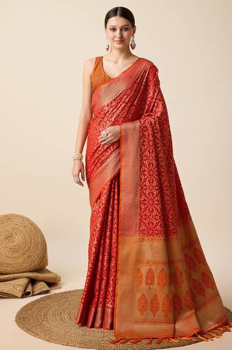 Red woven self design embellished pure silk banarasi saree with blouse