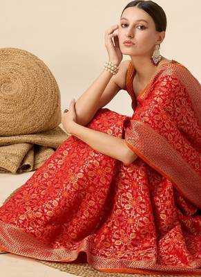 Red woven self design embellished silk blend banarasi saree with blouse 2