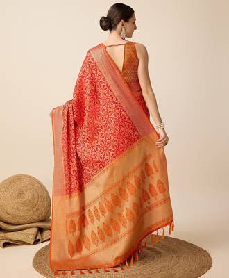 Red woven self design embellished silk blend banarasi saree with blouse 4