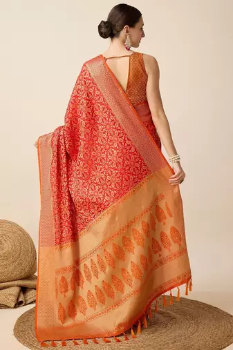 Red woven self design embellished pure silk banarasi saree with blouse