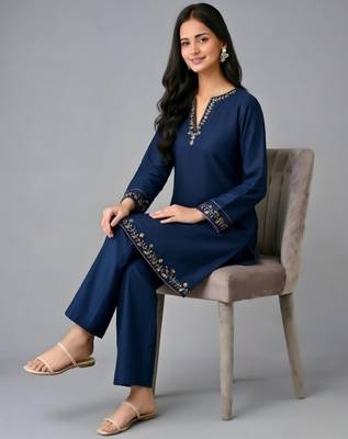 Navy embroidered rayon kurta set 4