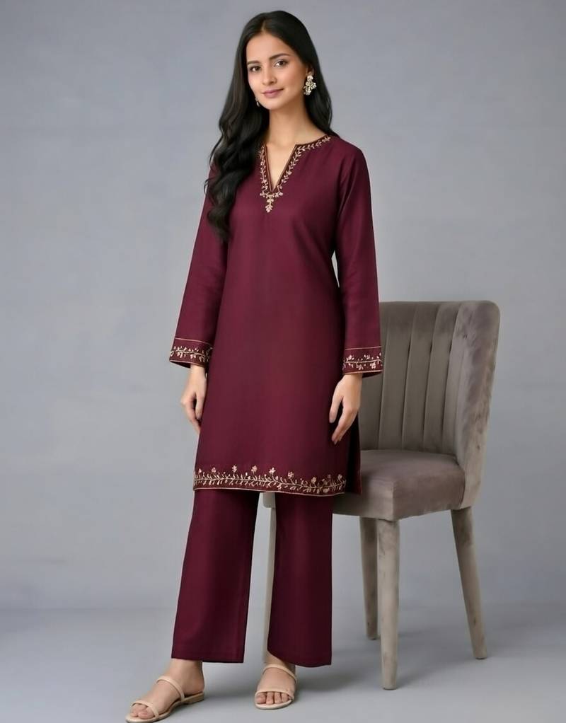 Maroon embroidered rayon kurta set