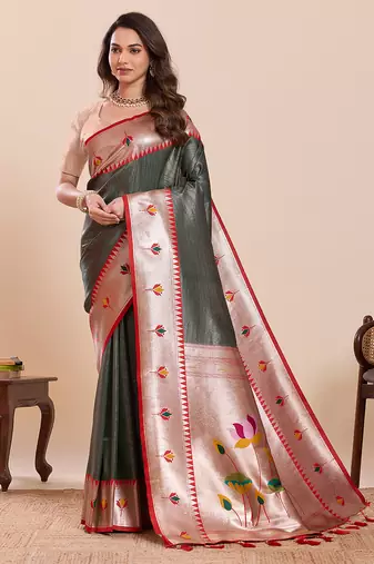Bottle green floral print pure soft silk banarasi saree with blouse