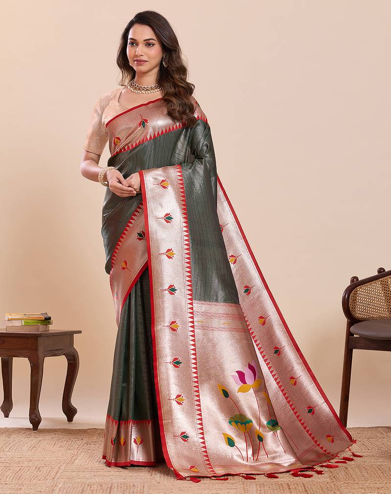Bottle green floral print pure soft silk banarasi saree with blouse