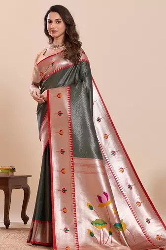 Bottle green floral print pure soft silk banarasi saree with blouse