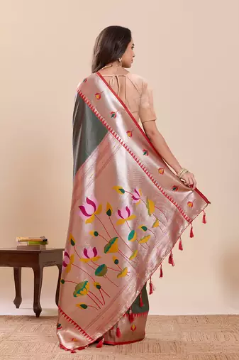 Bottle green floral print pure soft silk banarasi saree with blouse