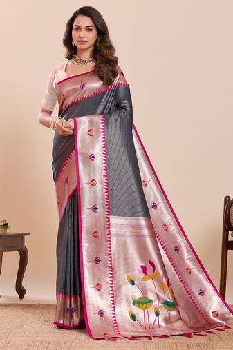 Grey floral print pure soft silk banarasi saree with blouse