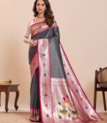 Grey floral print pure soft silk banarasi saree with blouse