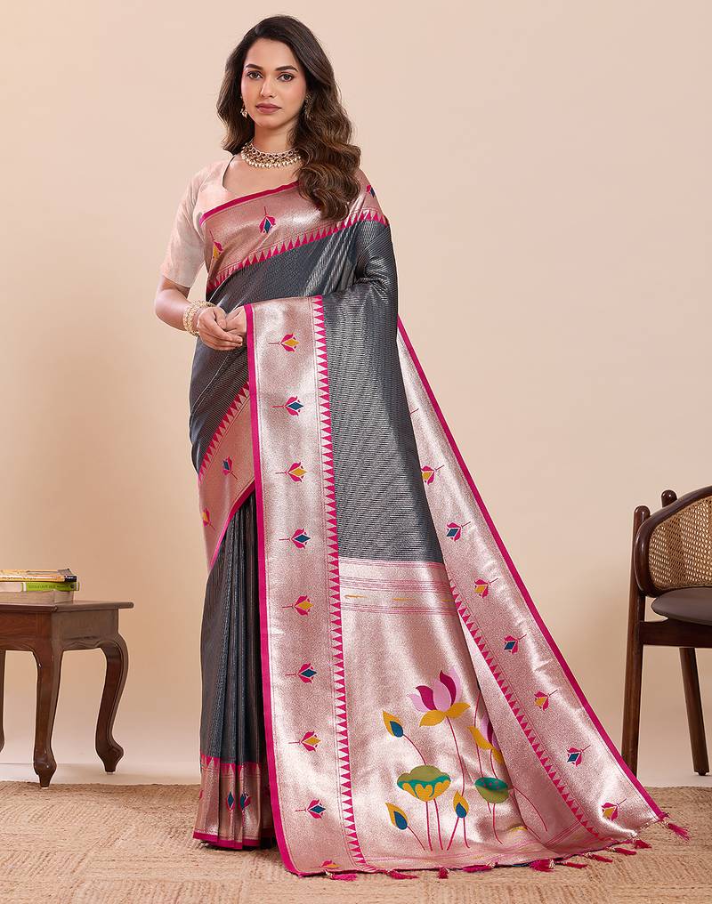 Grey floral print pure soft silk banarasi saree with blouse