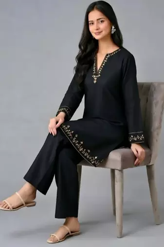 Black embroidered rayon kurta set