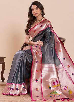 Grey floral print soft silk blend banarasi saree with blouse 2