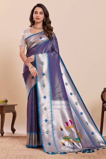 Navy blue floral print pure soft silk banarasi saree with blouse