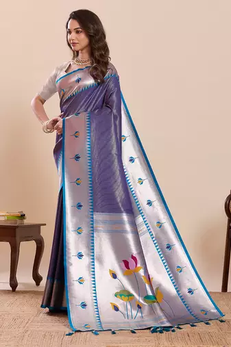 Navy blue floral print pure soft silk banarasi saree with blouse