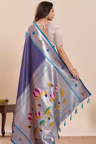 Navy blue floral print pure soft silk banarasi saree with blouse
