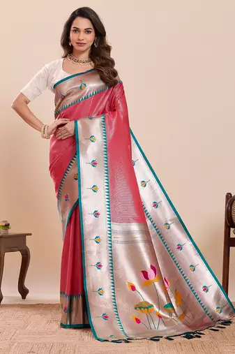 Pink floral print pure soft silk banarasi saree with blouse