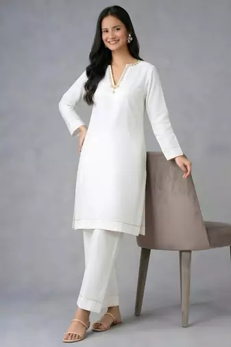 White embroidered rayon kurta set