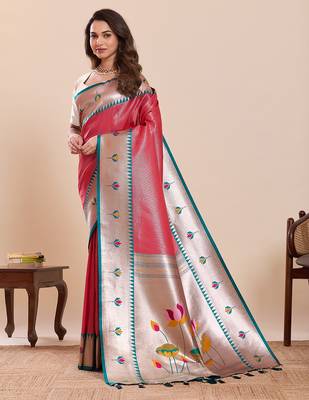 Pink floral print soft silk blend banarasi saree with blouse 3