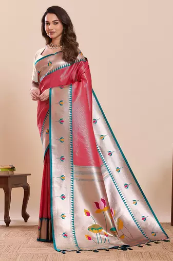 Pink floral print pure soft silk banarasi saree with blouse