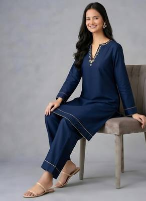 Navy embroidered rayon kurta set 4