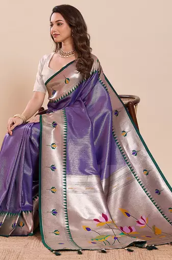 Purple floral print pure soft silk banarasi saree with blouse