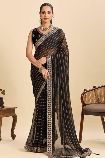 Black striped, sequence georgette bollywood saree with blouse