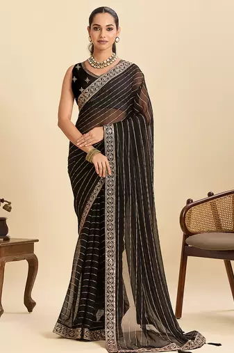 Black striped, sequence georgette bollywood saree with blouse