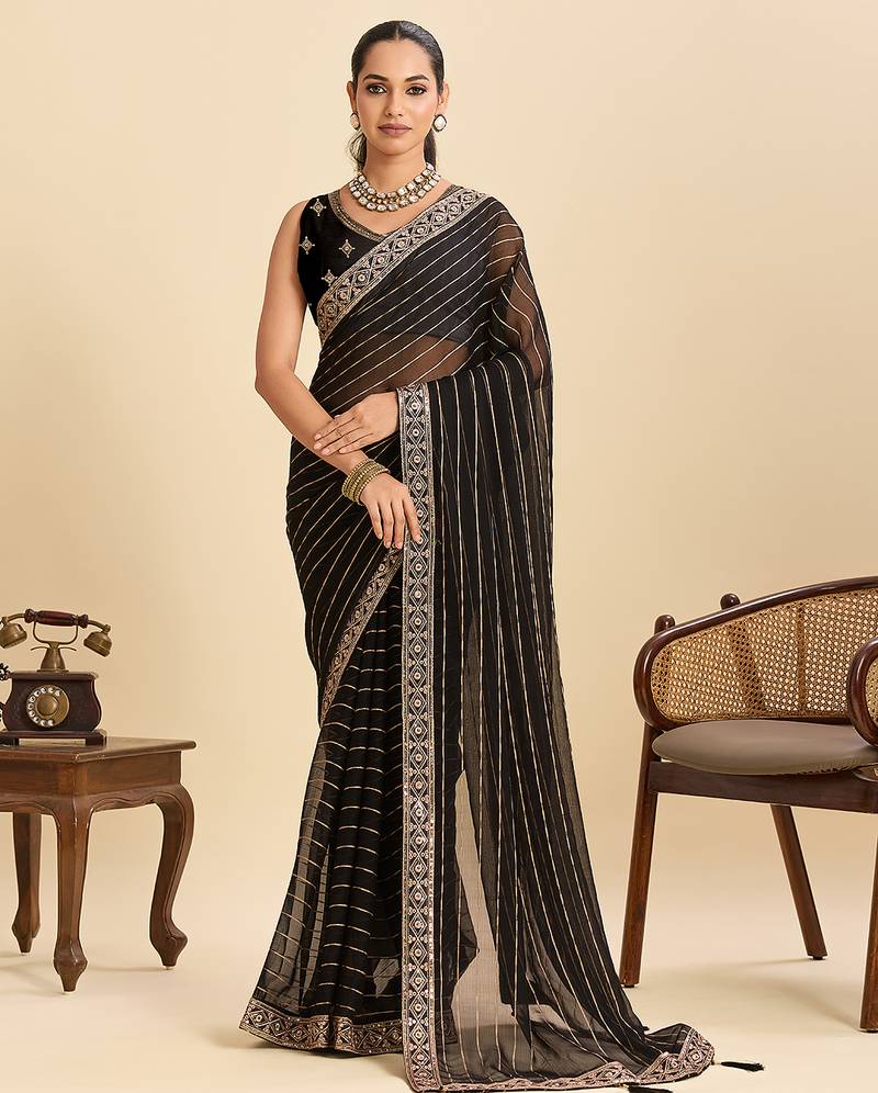 Black striped, sequence georgette bollywood saree with blouse
